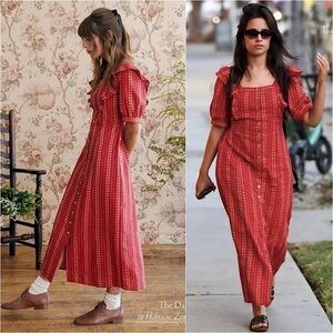 NWT CHRISTY DAWN 70s Floral Stripe Puff Sleeve Ruffled Button Front Midi Dress S